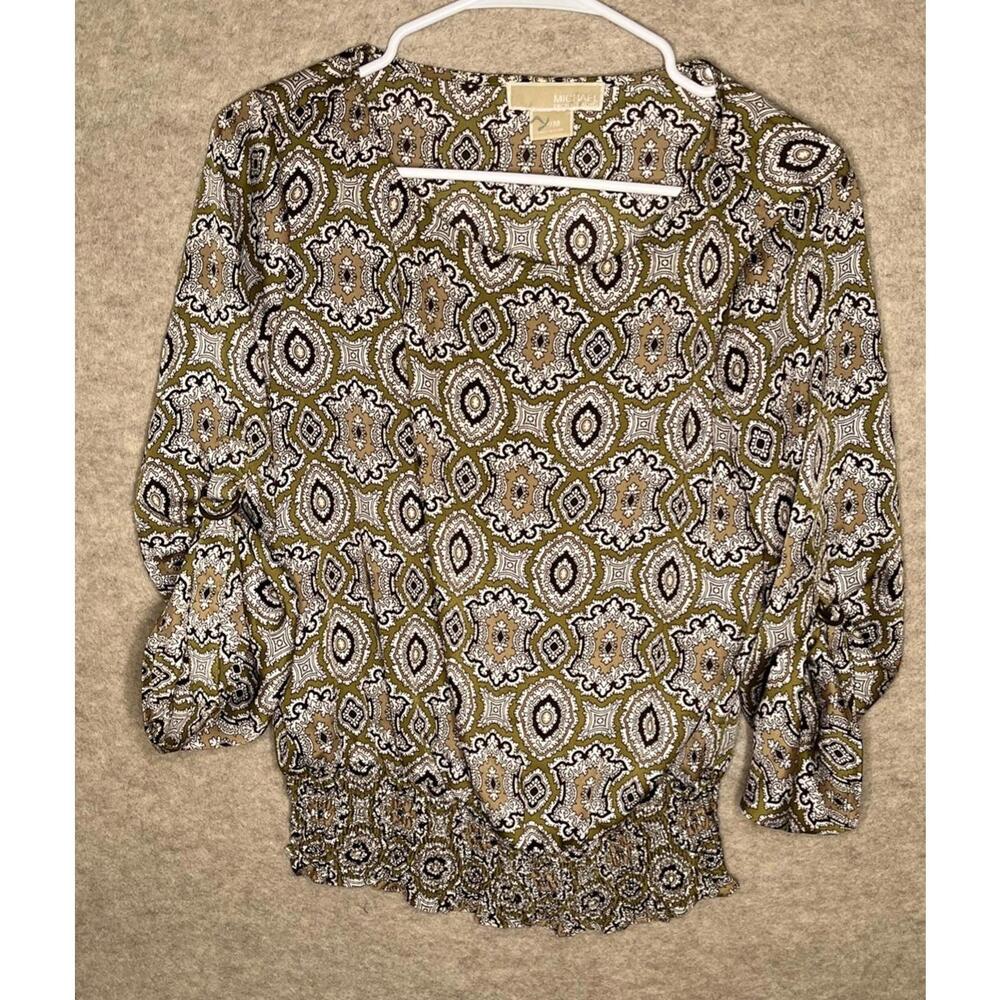Michael Kors Women’s Shirt Blouse Olive Geometric Print Elastic Waist P/M